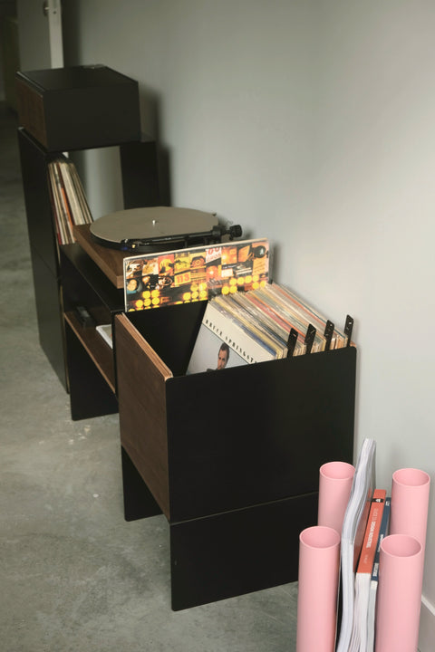 La Console Vinyles Basse - Noir & Noyer