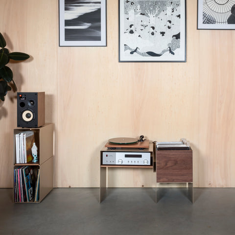 La Console Vinyles Basse - Taupe & Noyer