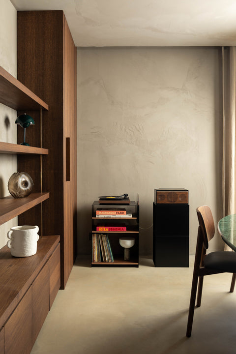 La Console Vinyles Haute - Taupe & Noyer