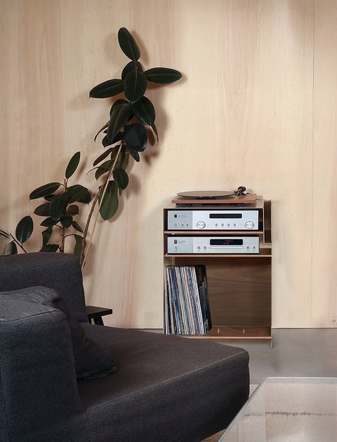 La Console Vinyles Haute - Taupe & Noyer