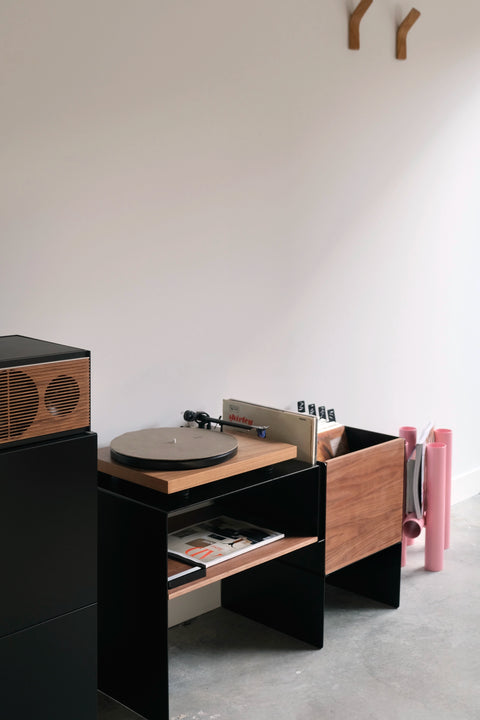 La Console Vinyles Basse - Taupe & Noyer